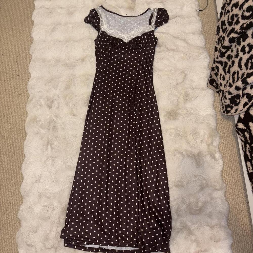 Dark Brown White Polka Dot Cap Sleeve Midi Dress